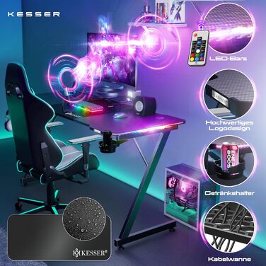 Ігровий стіл KESSER® LED 140x60 см | З-подібний стіл для геймерів | Кріплення для навушників & вуглецеве покриття | Ергономічний стіл для ПК | Стабільний стіл з підстаканником, чорний, 140 x 60 см, карбон з LED підсвіткою