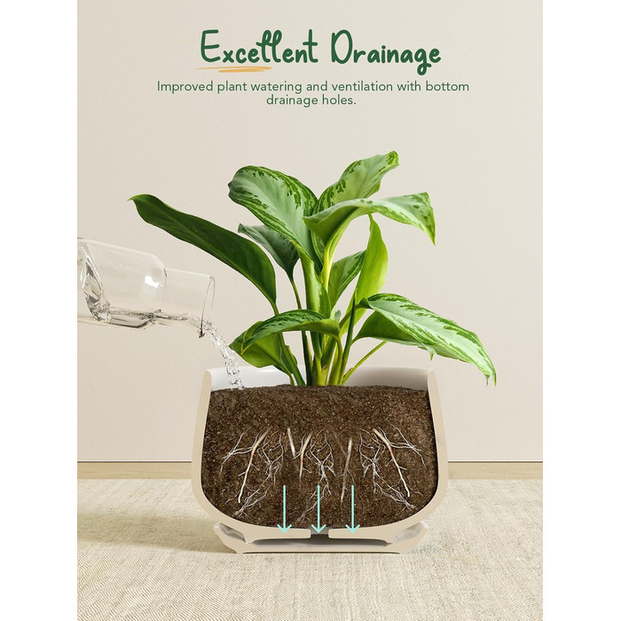 Керамічні горщики LE TAUCI з підставкою, 10+13+16 см, набір з 3 горщиків для кімнатних рослин, з дренажним отвором (білий)