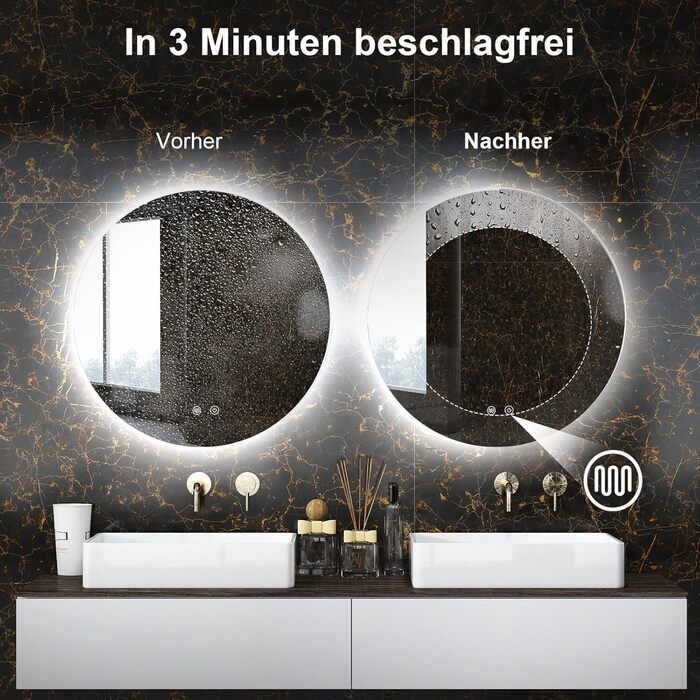 LED дзеркало для ванної кімнати з підсвічуванням, кругле, диммер, 3 кольори світла (3500K-6500K), сенсорне управління, антизапар, для макіяжу та гоління (50см фонова підсвітка)