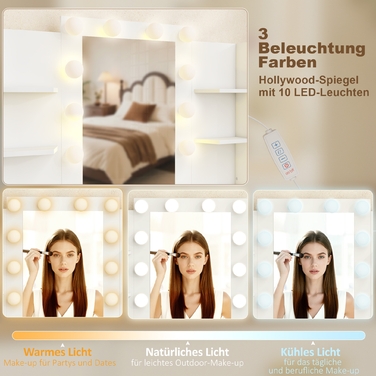 Туалетний столик з підсвічуваним дзеркалом та м'яким пуфом, туалетний столик з 6 висувними ящиками та полицями, білий