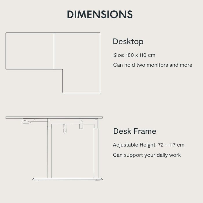 Стіл з регулюванням висоти (180x110 см) - L-подібний стіл з регулюванням висоти за допомогою подвійного двигуна, управління пам'яттю (чорний) 180 x 110 см Чорний