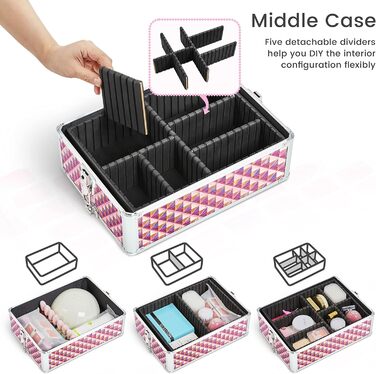 Косметичка-тролей Yaheetech 4-в-1, велика косметичка для макіяжу з замком, рожевий блискучий кейс для перукарів та візажистів з ящиком та колесами