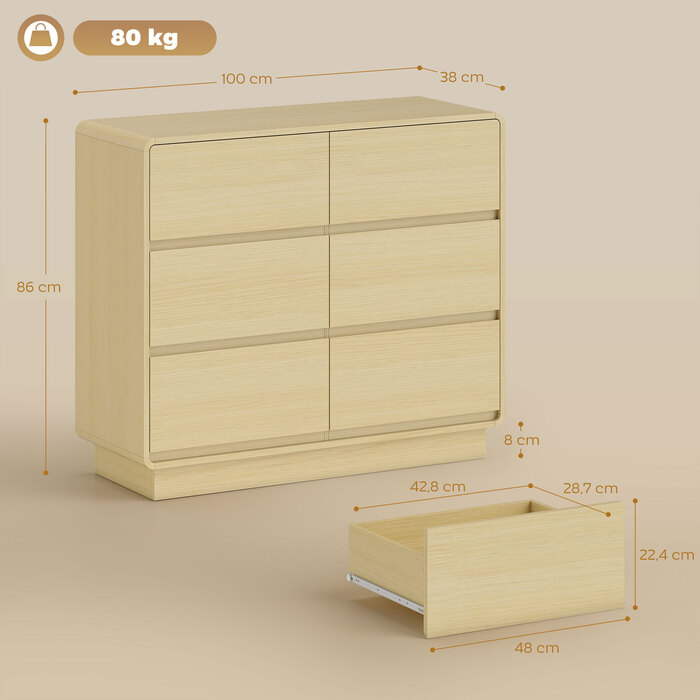 Сервант на 100 см, буфет з 6 висувними ящиками, комод для кухні, вітальні, їдальні, з натурального дерева