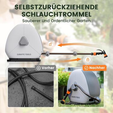 Тросовий барабан для садового шланга Giraffe Tools 25 м з висувною конструкцією, міцною основою, 7-функціональною насадкою та 360° поворотним кріпленням