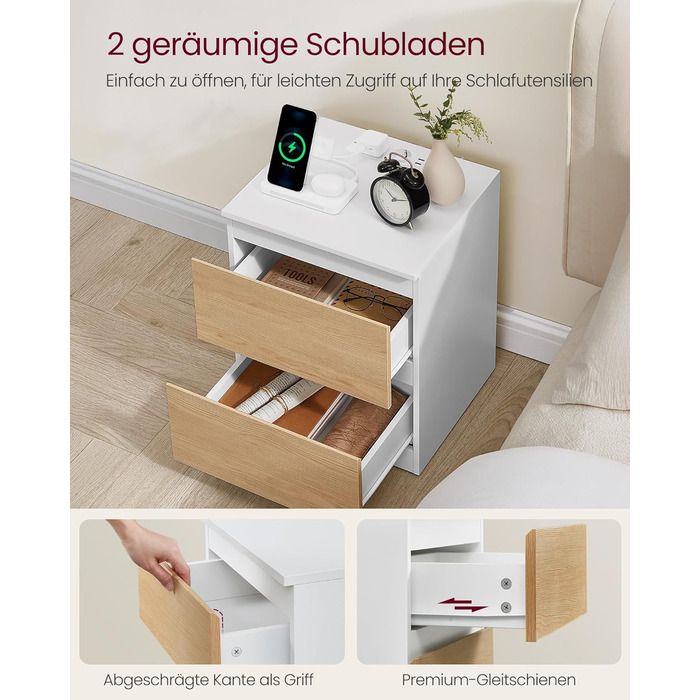 Приліжкова тумбочка VASAGLE Kailyn з розетками, 2 ящики, 2 AC-розетки, 2 USB-A порти, для спальні, хмарно-білий LET62W02