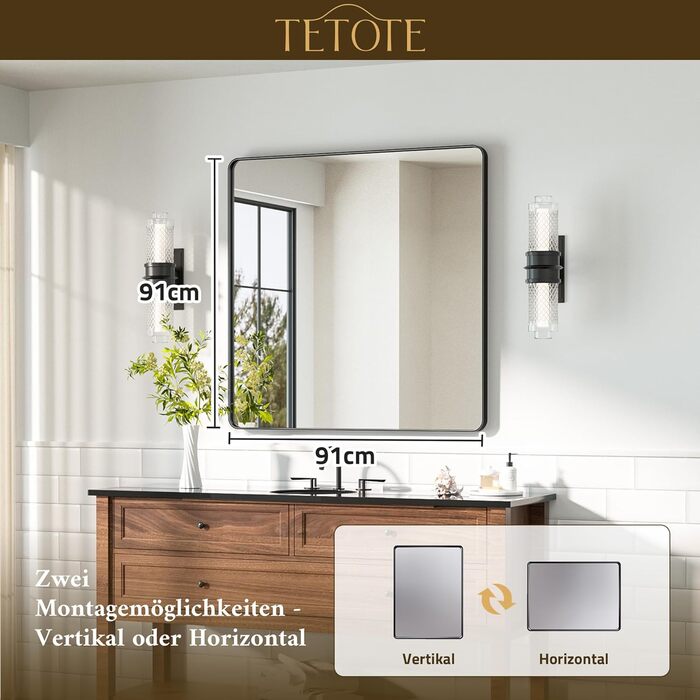 Дзеркало для ванної кімнати TETOTE 40x50 см, прямокутне, без підсвічування, з металевим каркасом, з закругленими кутами, для раковини, з загартованого скла (Чорний)