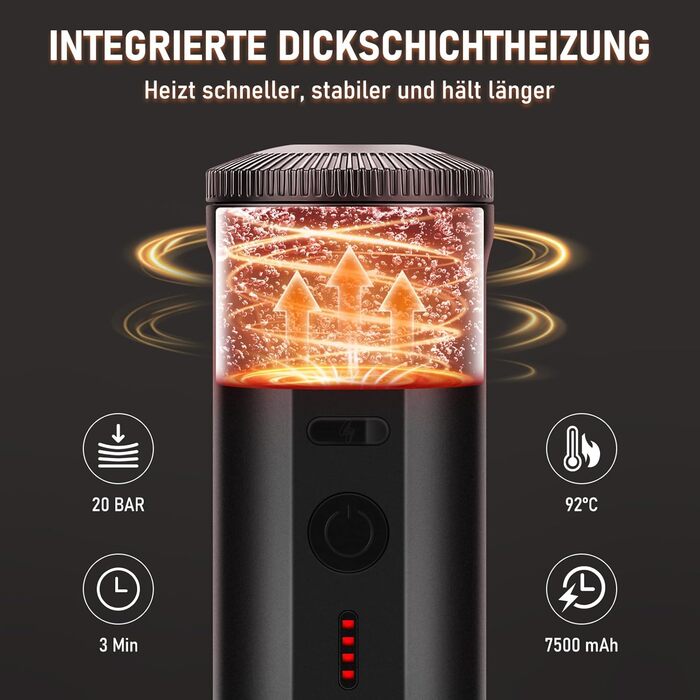 Портативна кавомашина ICARE з акумулятором, 2-в-1 для капсул NS та меленої кави, самонагріваюча, USB-C, індикатор заряду, для кемпінгу, подорожей та в дорогу (Чорний)