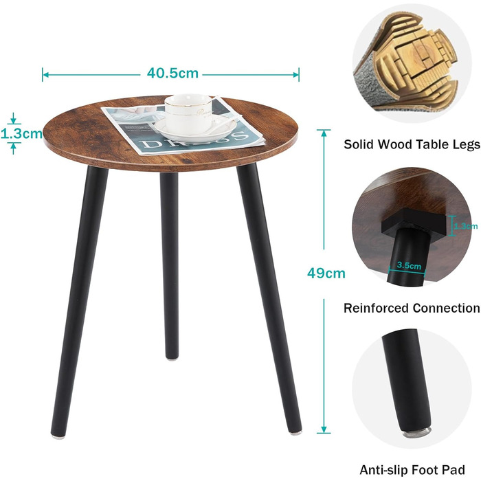 Журнальний столик круглий, дерево, міцний, Ø42x52см, вінтажний коричневий/чорний, журнальний столик, тумбочка, журнальний столик