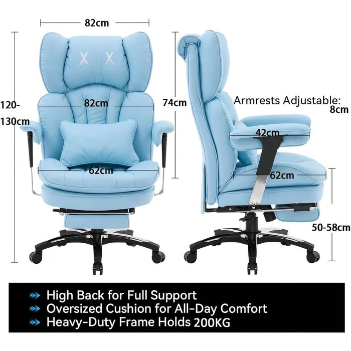 Ергономічне офісне крісло Efomao X-Stickerei для дому та офісу, шкіряне (PU), 200 кг, з підставкою для ніг та підтримкою попереку, чорне з блакитним