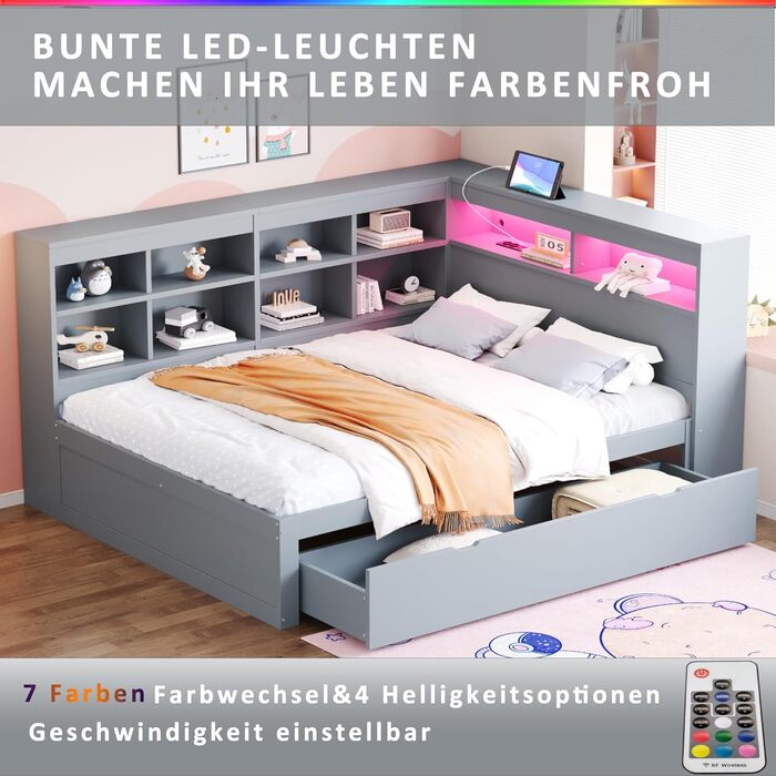 Диван-ліжко Kehun Doppelbet з LED-підсвіткою та USB-портом, трансформер з ящиками для зберігання та полицею, ліжко з ламелями, білий колір, без матраца, 140x200 см (сірий)