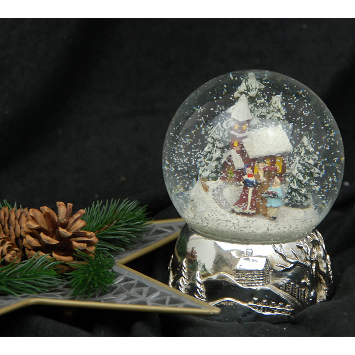 Різдвяна куля Snow Globe з музичною шкатулкою, срібна основа, 140 мм, Різдвяна мелодія