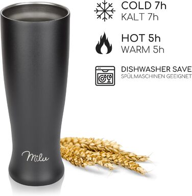 Термокухоль для пива Milu Weizenbierglas з нержавіючої сталі з кришкою, 500 мл, чорний - подарунок для чоловіків