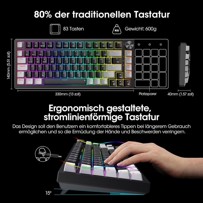 Механічна клавіатура KOORUI для геймінгу: бездротова/провідна/Bluetooth, 82 клавіші, QWERTZ (німецька розкладка), 4000mAh, RGB, Red Switch (червоний)