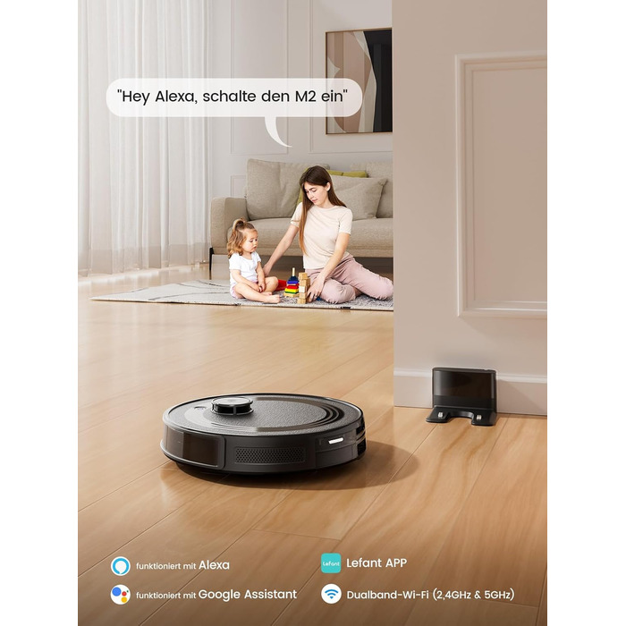 Робот-пилосос LEFANT M2 з функцією миття підлоги, 6000Pa, LiDAR-навігація, зони заборони, керування через APP/Alexa, для шерсті тварин, килимів та твердих підлог (M2B)