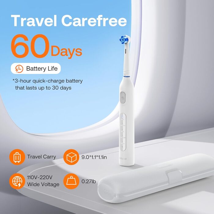 Електрична зубна щітка Bitvae з 8 насадок для дорослих та дітей, кейс, 5 режимів, таймер 2 хв, 60 днів роботи, (R1H3, Біла)
