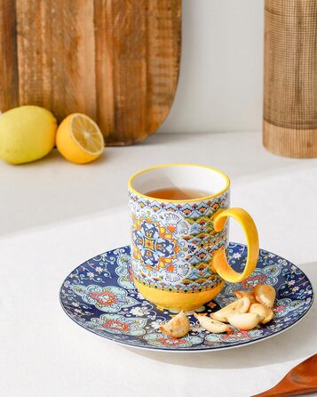 Набір чашок для капучино HENXFEN: 6 чашок з порцеляни, 600 мл, з ручкою, для кави, чаю, молока, богемний стиль