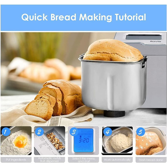 Хлібопічка, автоматична хлібопічка Nictemaw 25 програм, ємність 500 г/750 г/900 г РК-дисплей, програмована для хлібопічки, таймер на 13 годин, для хліба, печива, тіста (550 Вт)