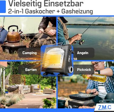 Мобільний газовий нагрівач та плита 2-в-1 Z.M.C. для кемпінгу, тераси, саду та балкону. Керамічний нагрівник 1,7 кВт з Piezo-запалюванням