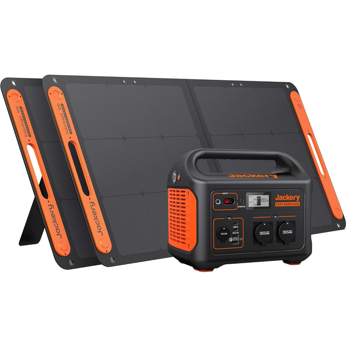 Jackery Explorer 1000: Портативна електростанція з акумулятором 1002Wh, 230V/2000W, USB, QC, для кемпінгу та подорожей (в комплекті 2 сонячні панелі по 100W)