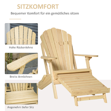 Садове крісло Outsunny Adirondack складне з підставкою для ніг 78 x 140 x 94 см з деревини сосни, зручний садовий шезлонг для вуличних меблів