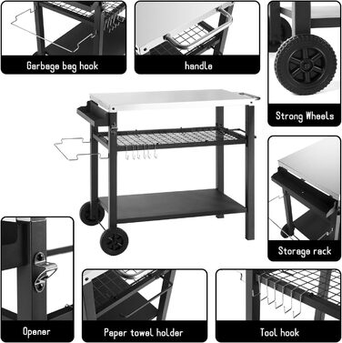 Грати для гриля з великою робочою поверхнею | Столик для гриля, вуличний гриль-тролей, грати для гриля на вулиці, стільниця з нержавіючої сталі для саду (срібло/чорний, 112*59*82 см)