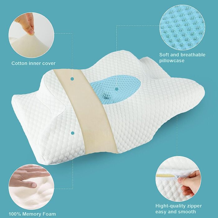 Ортопедична подушка GOXIFACA з Memory Foam, для шиї та спини, для тих, хто спить на боці, покращує якість сну, 60*35*10/12 см, блакитна
