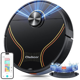 Робот-пилосос Chuboor з функцією миття 3 в 1, 6500Pa, LiDAR навігація, керування через додаток/WiFi/Alexa, автозарядка, 150 хв роботи, для шерсті тварин, килимів та твердих підлог, чорний