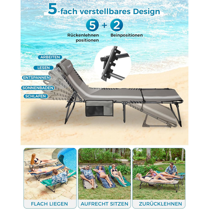 Шезлонг KingCamp великого розміру, розкладний, 5 положень, для саду, відпочинку, кемпінгу, з подушкою та кишенею, до 200 кг, 200 x 68 см, сірий