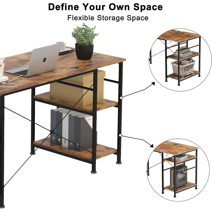 Ігровий кутовий стіл L-подібної форми з LED-підсвічуванням та розетками, 140x140 см, реверсивний комп'ютерний стіл з підставкою для монітора, 4 полиці та бічні кишені для дому та офісу (колір: коричневий, розміри: 140x140x74 см)