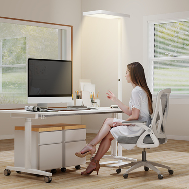 Світлодіодна настільна лампа з м'яким світлом, підлогова лампа з пультом дистанційного керування, регульована яскравість, корпус з пластику та металу, колір – білий.