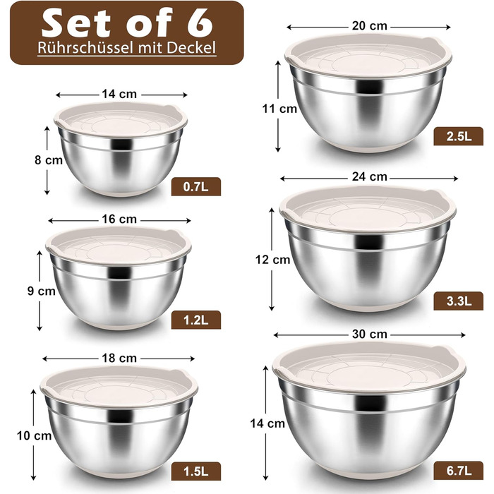 Набір мисок Herogo (6 шт.) з нержавіючої сталі з кришками, 6,7/3,3/2,5/1,5/1,2/0,7 л, для приготування їжі/випічки/зберігання, миюча посудомийна машина, кольору хакі