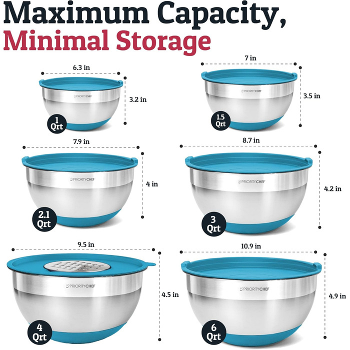 Набір місок для перемішування Priority Chef з кришками, 6 шт. з неслизьким дном, набір місок з нержавіючої сталі, 6 герметичних кришок та 3 тертки, блакитний колір (Getaway Solids)