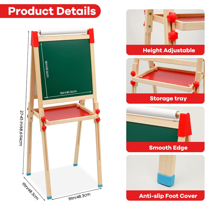 Дитяча мольберт Kinder Staffelei 3 в 1: дерев'яна дошка з рулоном паперу, двостороння, регульована висота 68-114 см. Комплектація: аксесуари для малювання. Підходить для дітей 3-12 років.