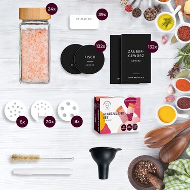 Набір баночок для спецій з дозатором [24 x 120 мл] з 303 етикетками | Контейнери для спецій з бамбуковими кришками. Набір баночок для спецій на 24 шт, органайзер для зберігання спецій, баночки для спецій з бамбуком - 24 шт - чорні етикетки