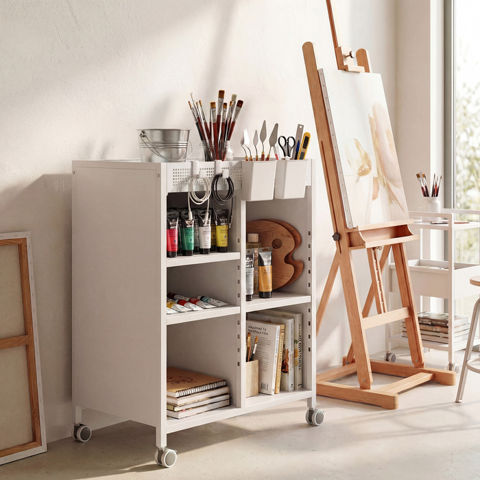 Мобильна полиця для книг на коліщатках, 4 яруси, регульовані полиці та підвісні кошики для домашнього офісу та вітальні, білий