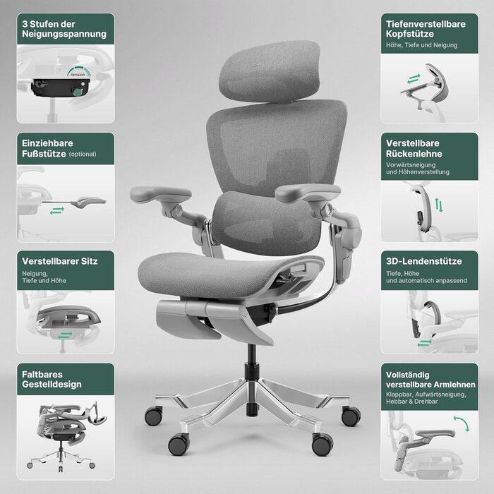 Офісний стіл HINOMI H2 Pro з ергономічною підтримкою попереку, регульованою підголівником та підлокітниками, до 150 кг, дихаюча сітка, поворотний крісло для дому та офісу, сірий