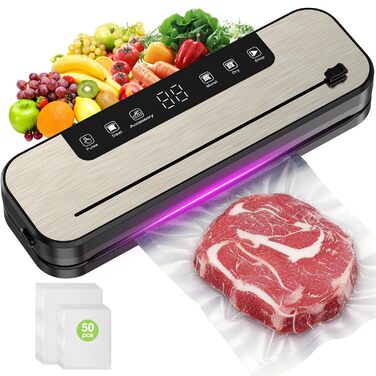 Вакууматор SHINER 6-в-1 для сухих та вологих продуктів, компактний вакуумний пакувальник з цифровим дисплеєм та набором пакетів, сріблястий