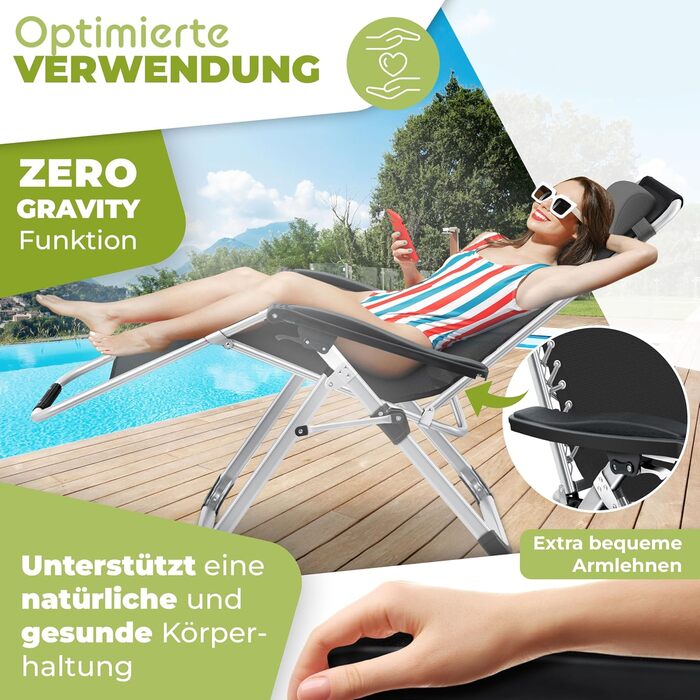 Розкішна шезлонг KESSER® для саду: складаний, стійкий до погодних умов, витримує 200 кг, з ергономічною подушкою, регульованою спинкою, підголівником та тримачем для напоїв (антрацит)