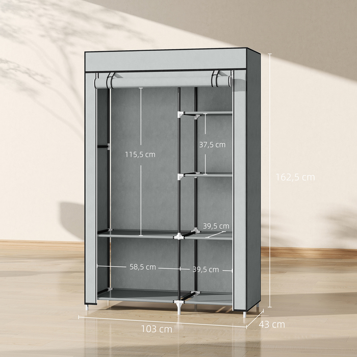 HOMCOM шафа для одягу, тканинна шафа, 6 відділень, сіра, 103x43x162,5 см, складана шафа для одягу з виглядом з флісу | Aosom