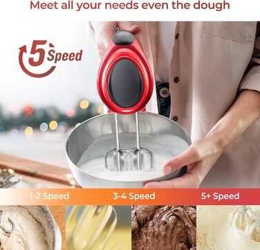 Електричний ручний міксер Kestreln з плоским дном, для випічки, з гачками для тіста, червоний