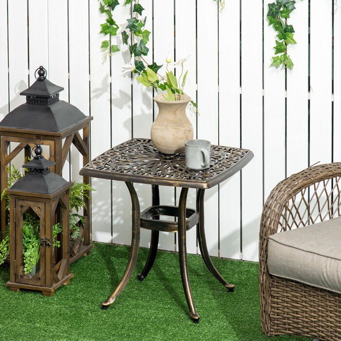 Outsunny Side Table Патіо Стіл з отвором для парасольки 54x54x52.5 см Алюмінієва рама в бронзі, ідеально підходить для саду та балкона