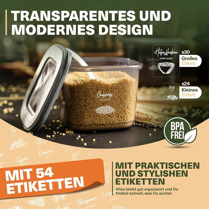 Набір контейнерів для зберігання продуктів 18 шт. – включає 2,0L контейнер для спагеті, 6 банок для спецій з дозувальними кришками, стекові контейнери з кришками, герметичні, без BPA, 52 етикетки (набір 12 шт.) + 6 дозатори спецій (набір 42 шт., сірий)