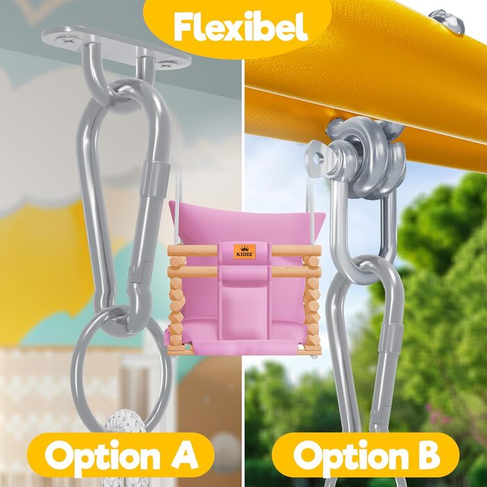 Дитяча гойдалка-колиска KIDIZ® для немовлят від 6 місяців та малюків до 3+ років (Рожева) - дерев'яна, з регулюванням висоти та м'яким сидінням для дому та вулиці