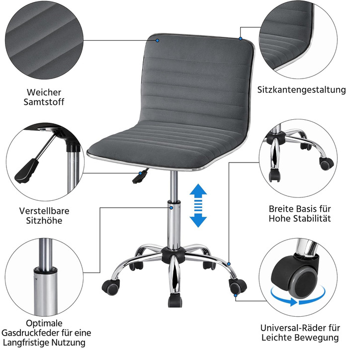 Офісне крісло Yaheetech без підлокітників, ергономічне, з регулюванням висоти, поворотне на 360°, з м'якою оббивкою з велюру, сірого кольору