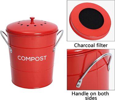 Металеве відро для органічних відходів ayacatz 2-в-1, кухонне 3L, відро для компосту з кришкою, кухонне з кришкою і вугільним фільтром, знімне відро всередині, відро для компосту з ручками-червоне
