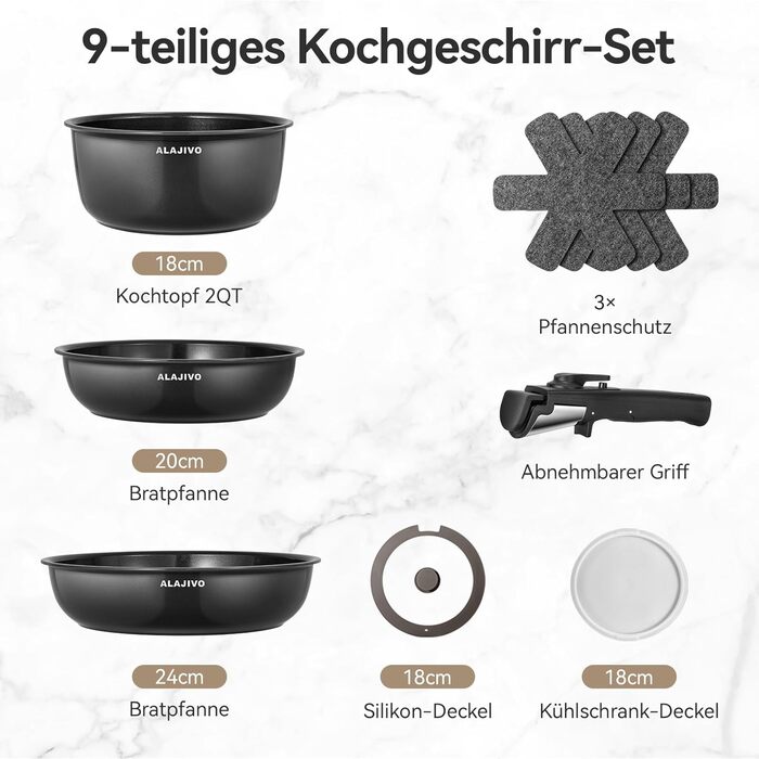 Набір каструль та сковорідок 9-ти частинний з антипригарним покриттям, для всіх типів плит, включаючи індукційні, сумісний з духовкою (темно-сірий)