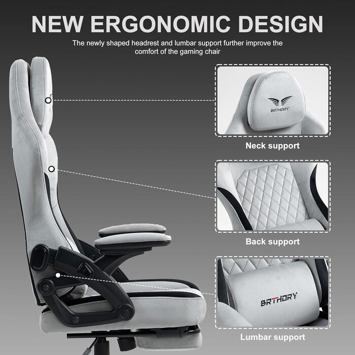 Ігровий крісло BRTHORY Ergonomic Racing з регульованою підголівником, підлокітниками та підніжкою, з тканиною, пружинним сидінням, функцією гойдання, 135°, сірий