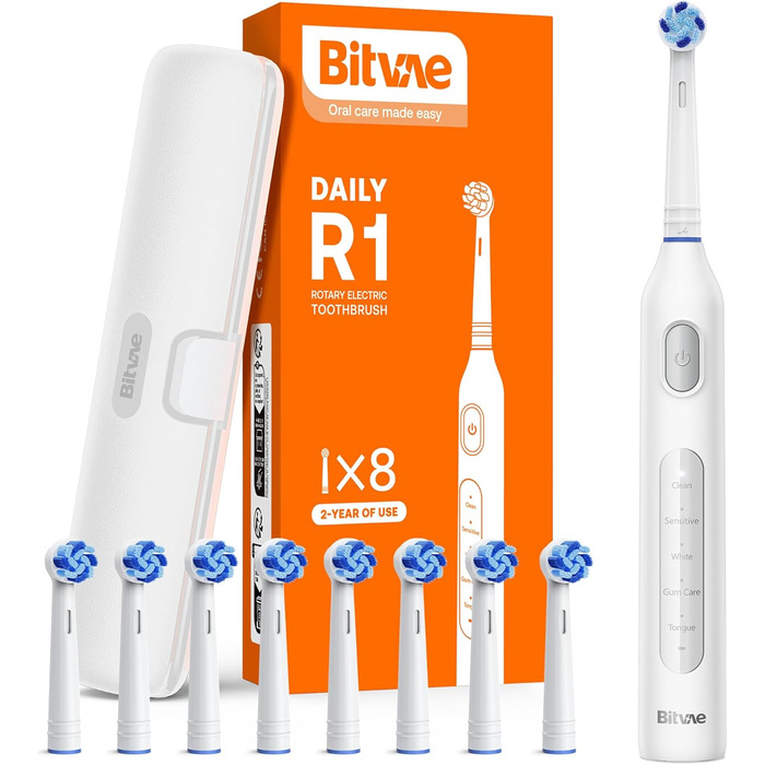 Електрична зубна щітка Bitvae з 8 насадок для дорослих та дітей, кейс, 5 режимів, таймер 2 хв, 60 днів роботи, (R1H3, Біла)