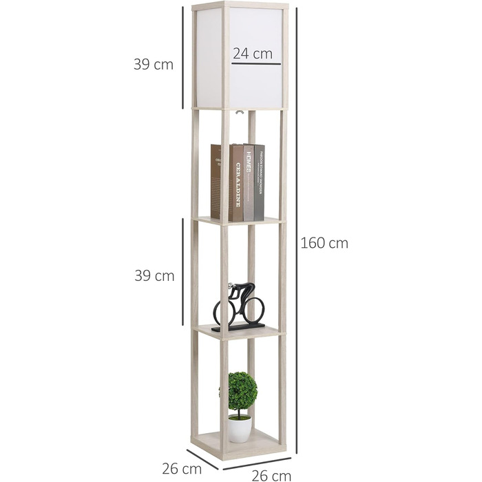 Торшер HOMCOM з поличками, від E27 до 40W, дерево, 26x26x160см, без лампочки (ДубБілий)
