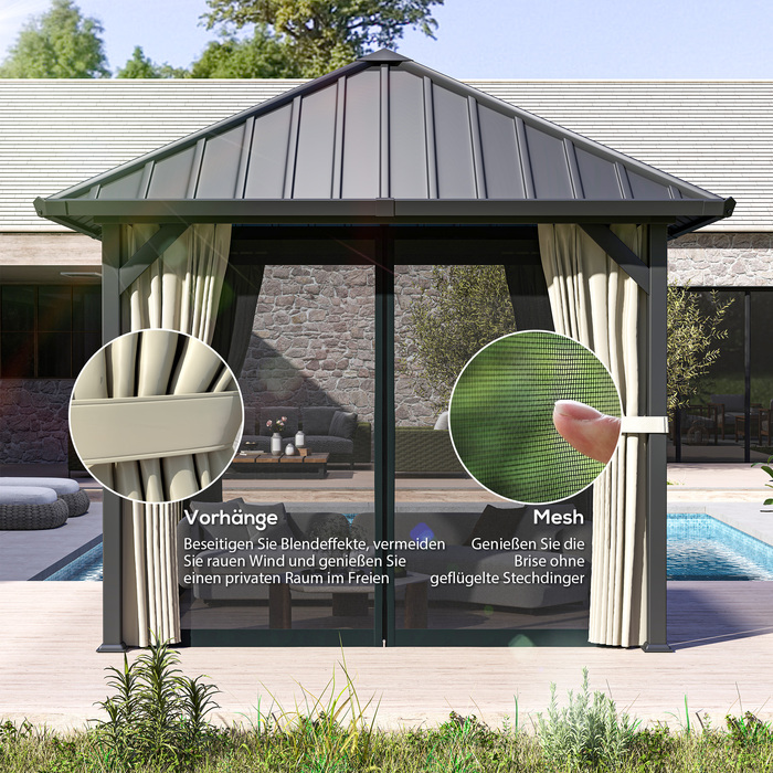 Газонний павільйон 3x3 м з металевим дахом, водовідштовхувальний садовий намет з сіткою та боковими стінками, темно-сірий